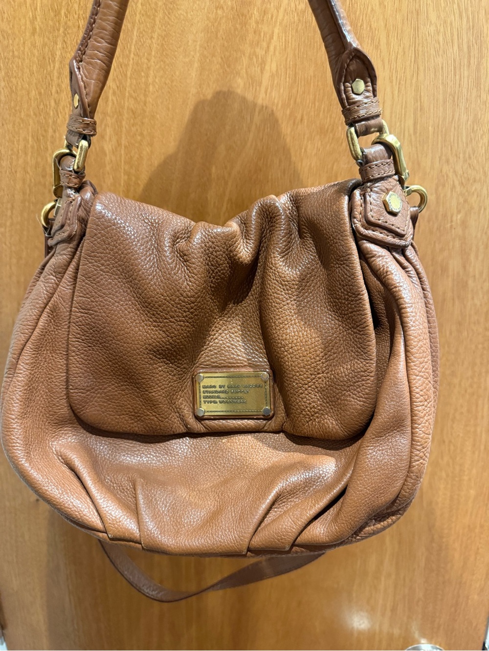 Marc By Marc Jacobs Cognac Pebbled Leather Shoulder Bag with Gold Plaque